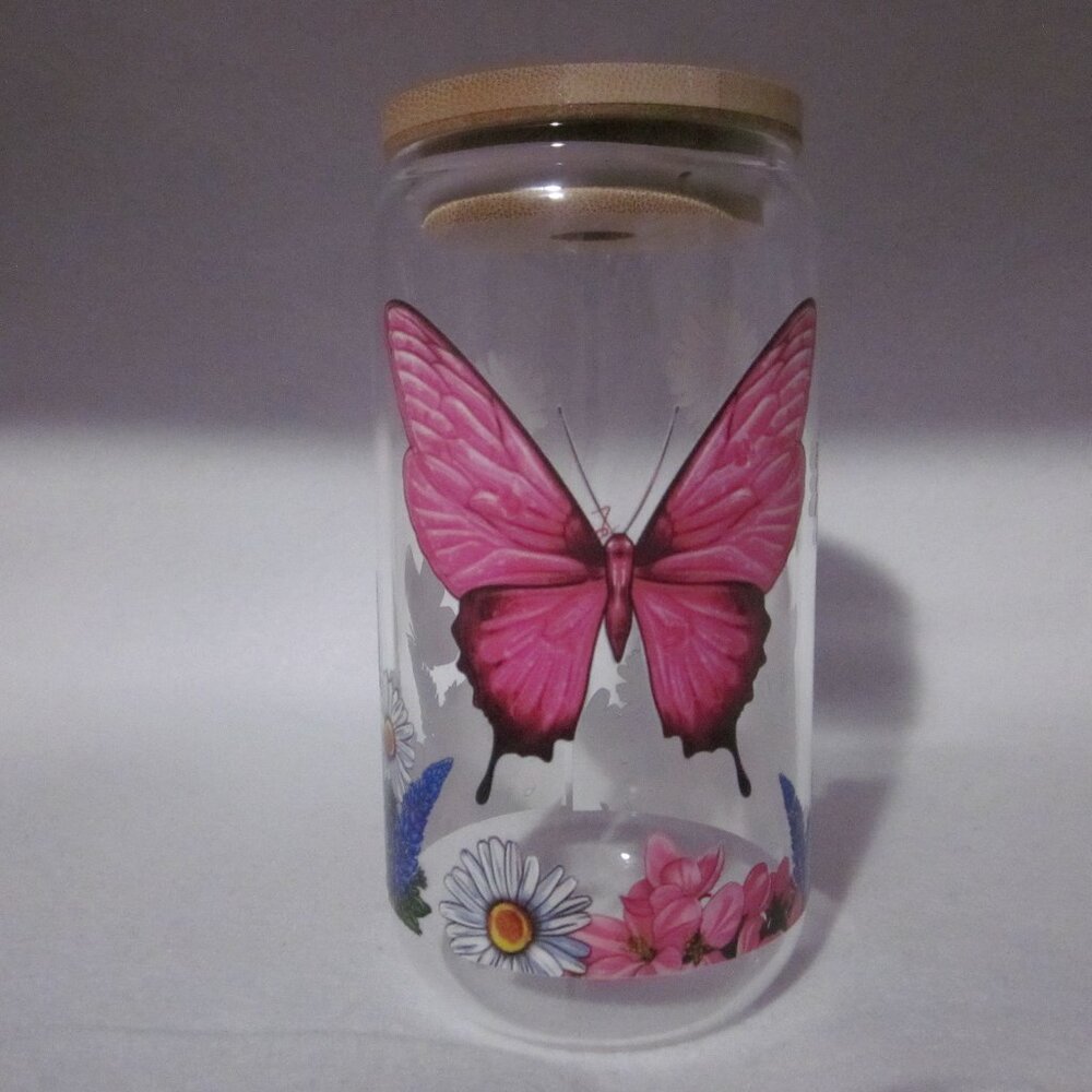 Pink Butterfly 16oz Glass Can Cup.